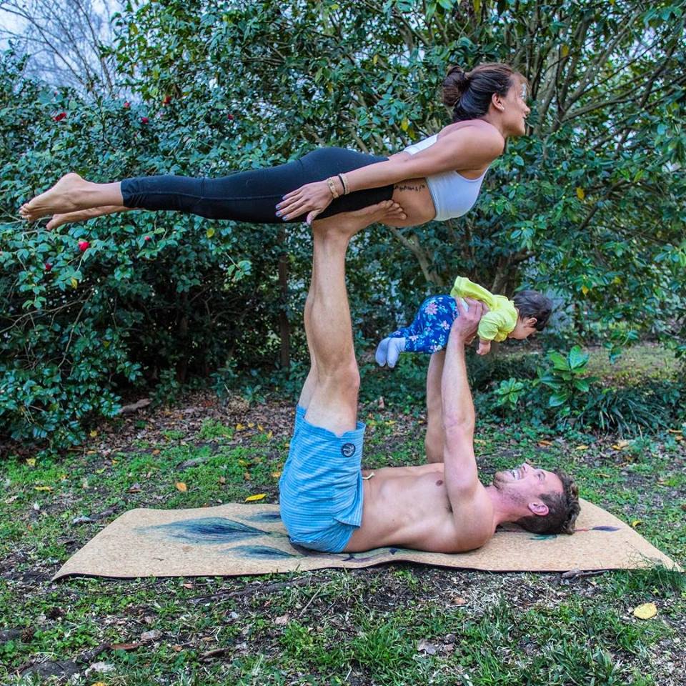 Family acro yoga on Yoloha Yoga cork mat