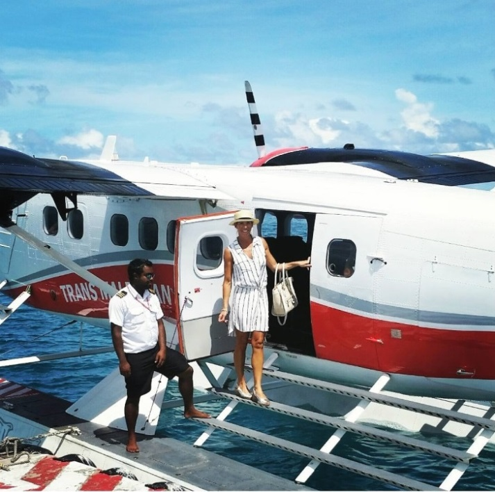 Ali Johnston arriving in the Maldives by seaplane